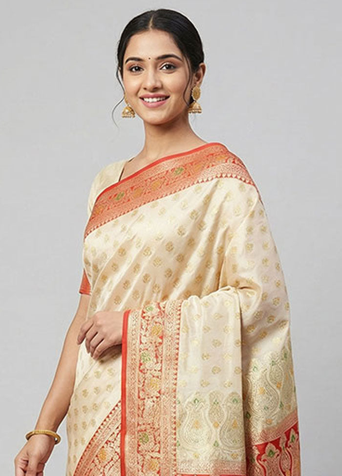 Cream Banarasi Silk Saree With Blouse Piece