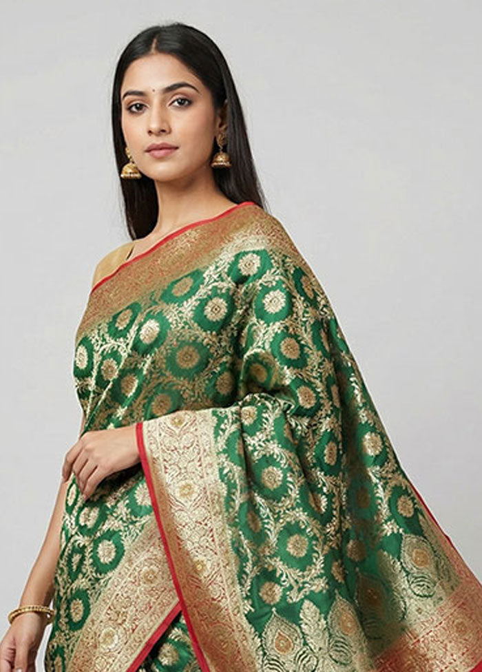 Green Banarasi Silk Saree With Blouse Piece