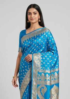 Blue Banarasi Silk Saree With Blouse Piece