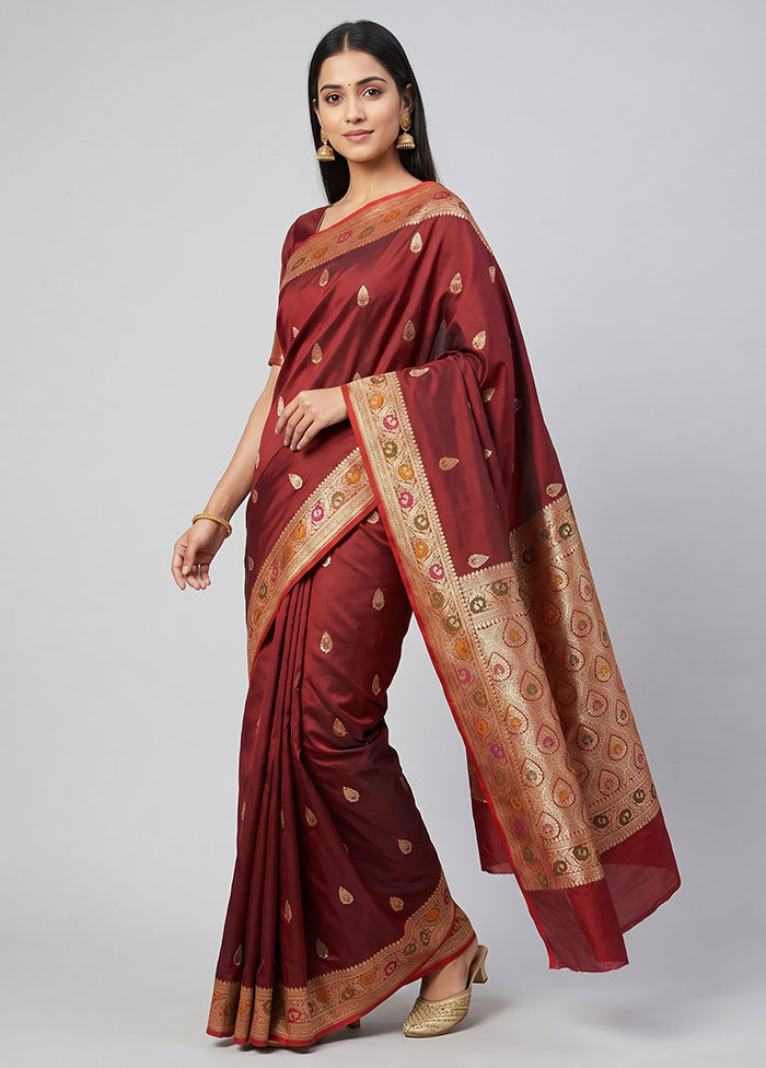 Maroon Handloom Banarasi Pure Silk Saree With Blouse Piece