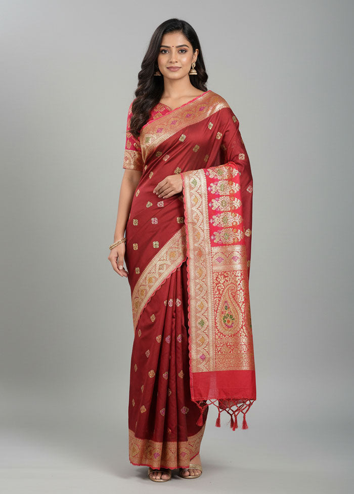 Maroon Handloom Banarasi Pure Silk Saree With Blouse Piece
