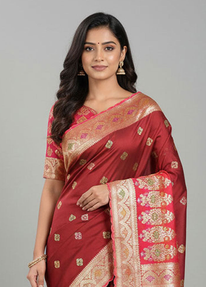Maroon Handloom Banarasi Pure Silk Saree With Blouse Piece