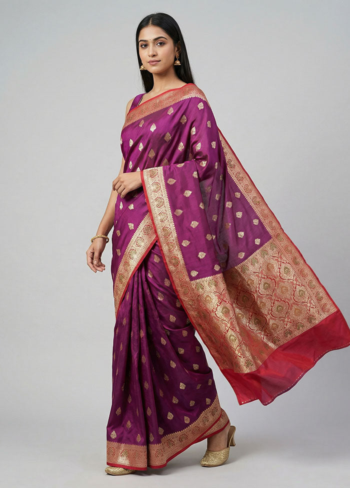 Purple Handloom Banarasi Pure Silk Saree With Blouse Piece