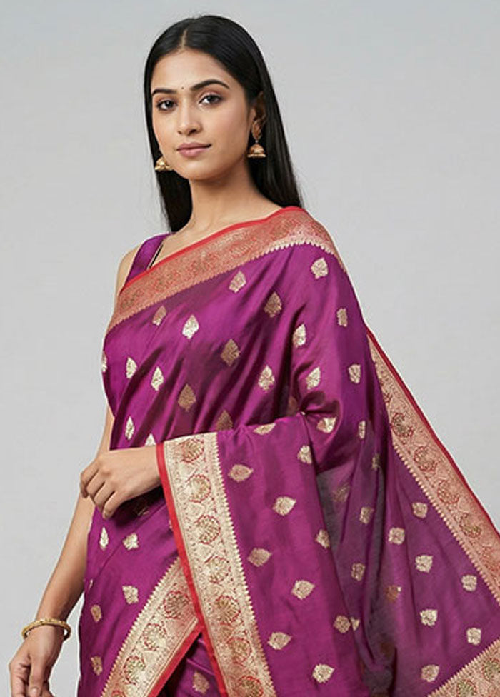 Purple Handloom Banarasi Pure Silk Saree With Blouse Piece
