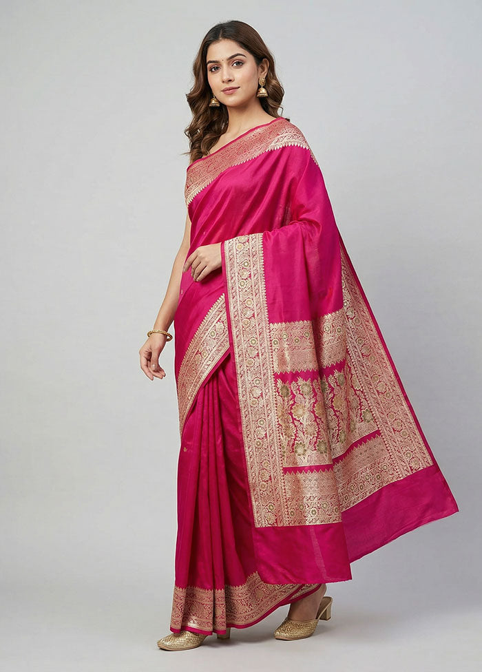 Pink Handloom Banarasi Pure Silk Saree With Blouse Piece