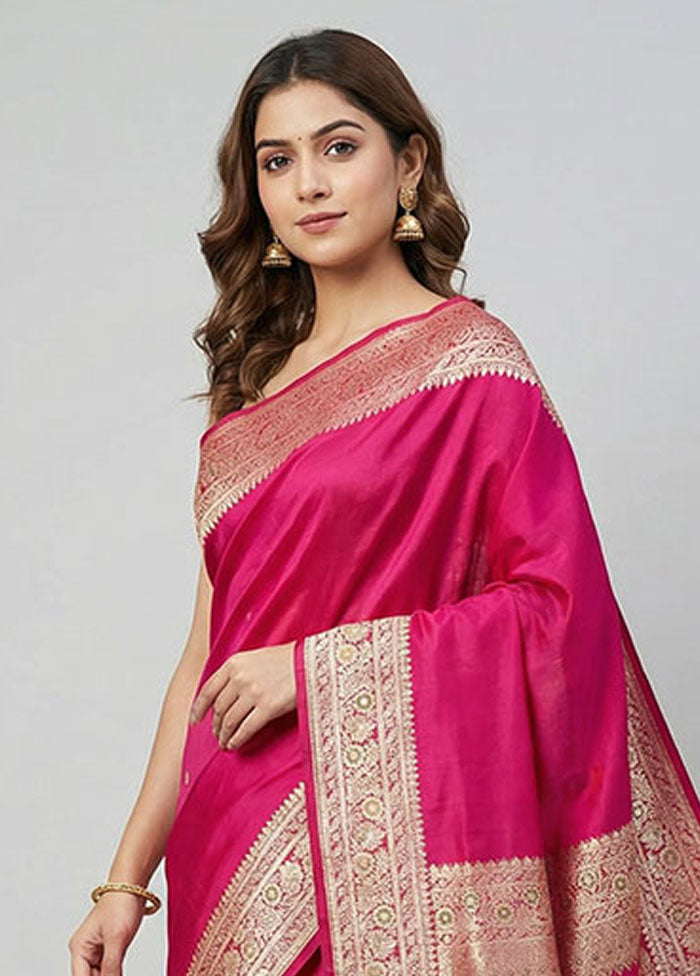 Pink Handloom Banarasi Pure Silk Saree With Blouse Piece