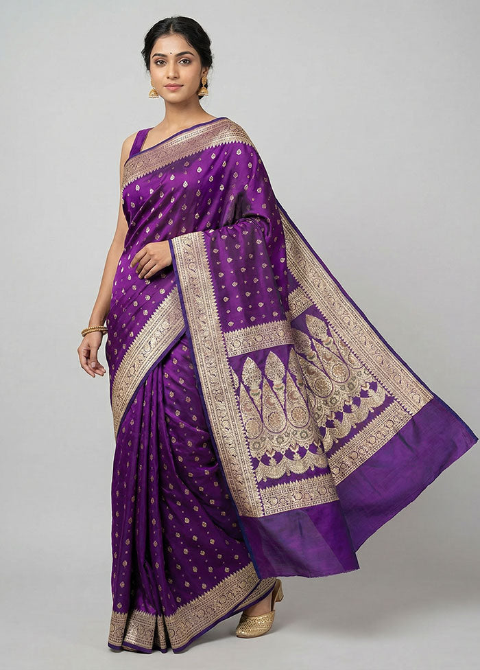 Purple Handloom Banarasi Pure Silk Saree With Blouse Piece