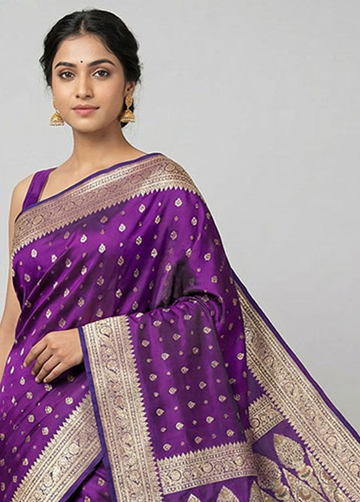 Purple Handloom Banarasi Pure Silk Saree With Blouse Piece