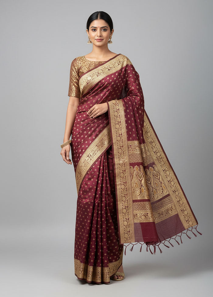 Maroon Handloom Banarasi Pure Silk Saree With Blouse Piece