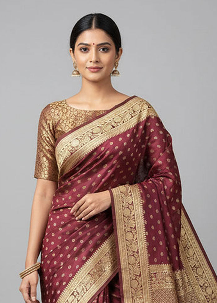 Maroon Handloom Banarasi Pure Silk Saree With Blouse Piece