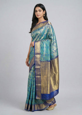 Blue Handloom Kanchipuram Pure Silk Saree With Blouse Piece
