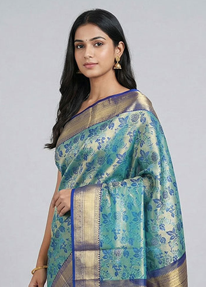 Blue Handloom Kanchipuram Pure Silk Saree With Blouse Piece