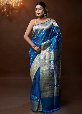 Blue Handloom Banarasi Pure Silk Saree With Blouse Piece - Indian Silk House Agencies