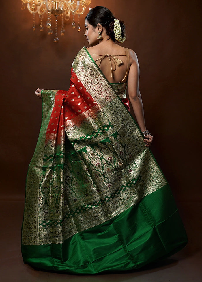 Red Handloom Banarasi Pure Silk Saree With Blouse Piece - Indian Silk House Agencies