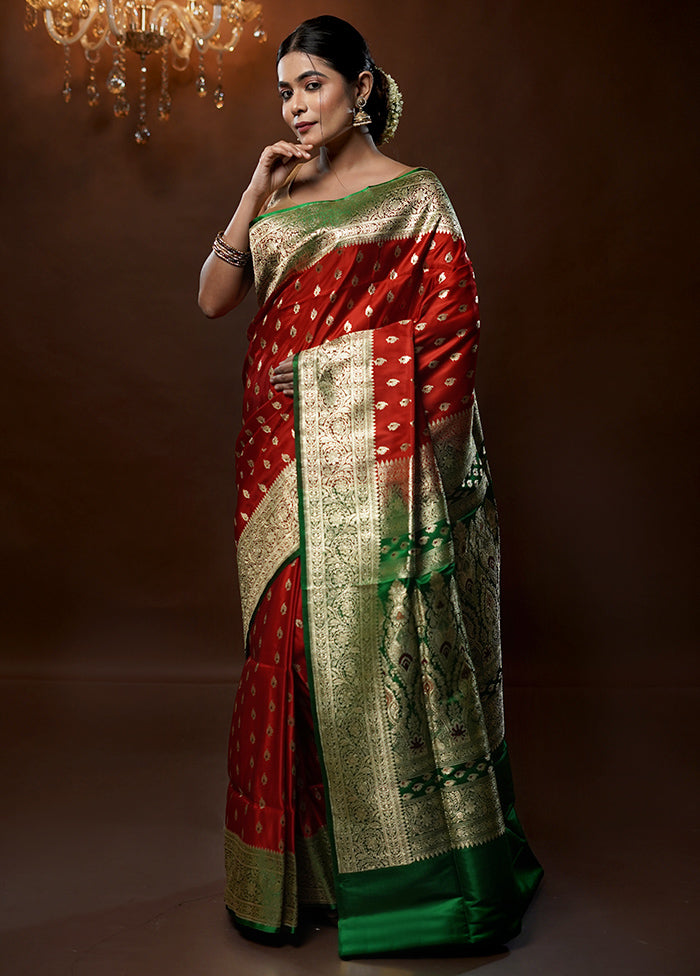 Red Handloom Banarasi Pure Silk Saree With Blouse Piece - Indian Silk House Agencies