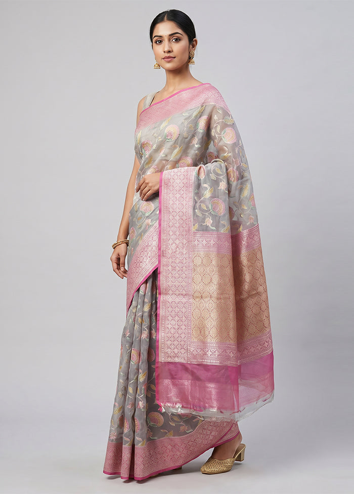 Grey Handloom Pure Organza Saree With Blouse Piece