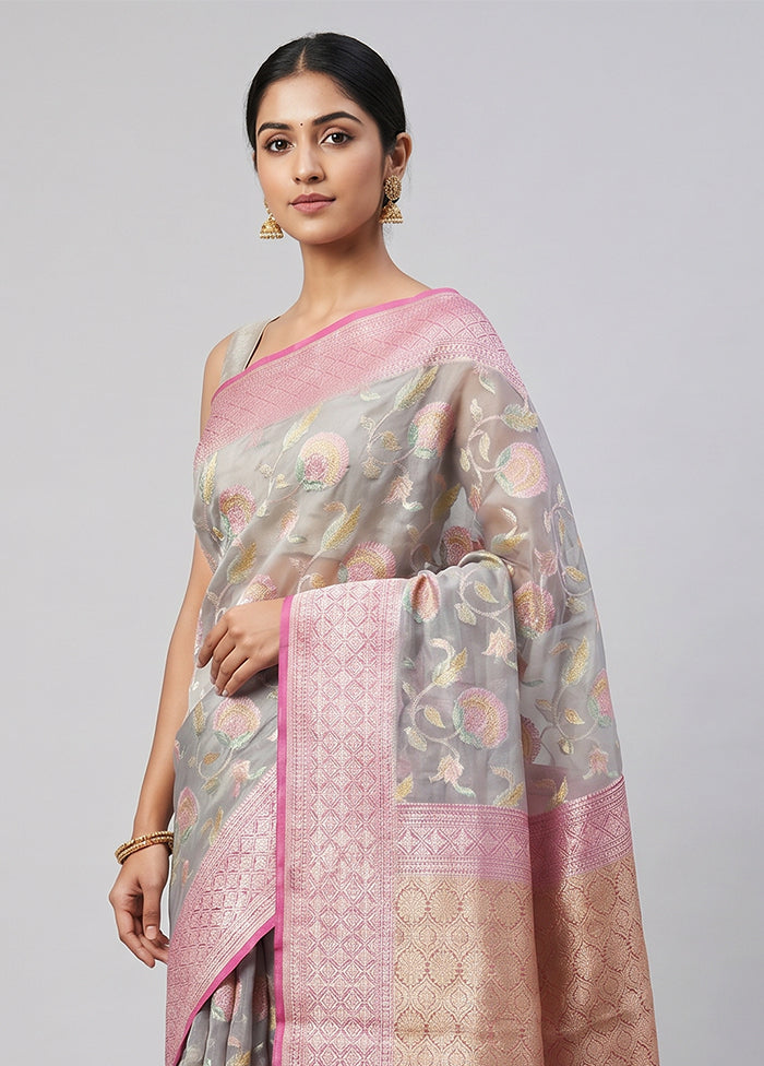Grey Handloom Pure Organza Saree With Blouse Piece