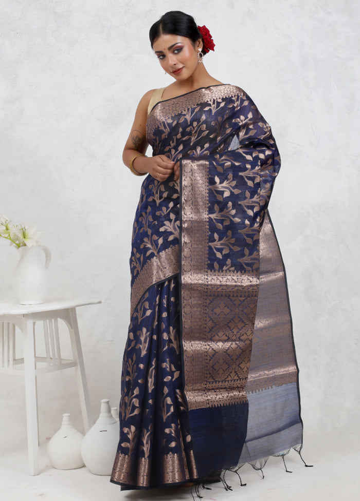 Blue Kora Silk Saree With Blouse Piece