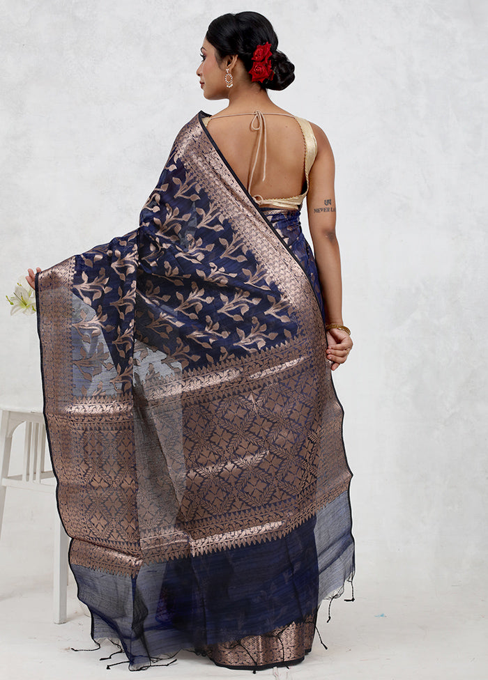 Blue Kora Silk Saree With Blouse Piece