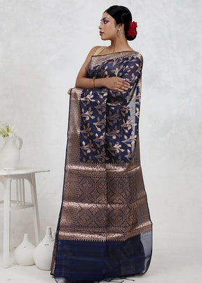 Blue Kora Silk Saree With Blouse Piece
