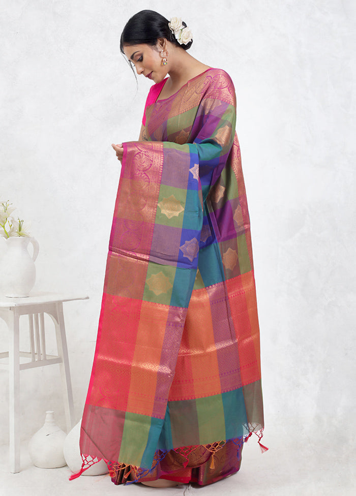 Multicolor Kora Silk Saree With Blouse Piece