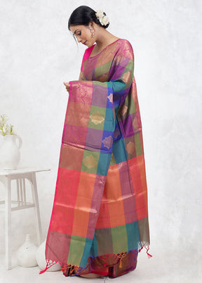 Multicolor Kora Silk Saree With Blouse Piece