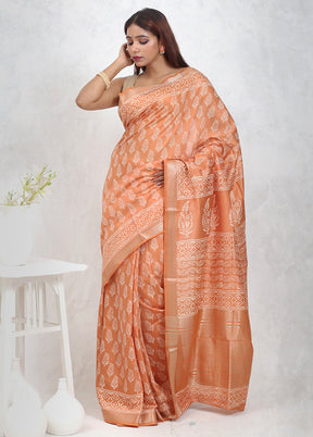 Rust Chanderi Cotton Saree With Blouse Piece