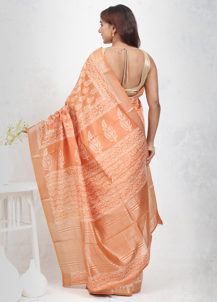 Rust Chanderi Cotton Saree With Blouse Piece