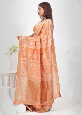 Rust Chanderi Cotton Saree With Blouse Piece
