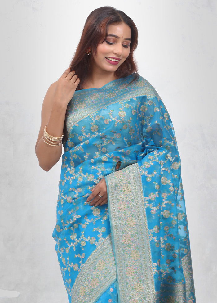 Blue Organza Saree With Blouse Piece