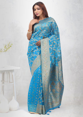 Blue Organza Saree With Blouse Piece
