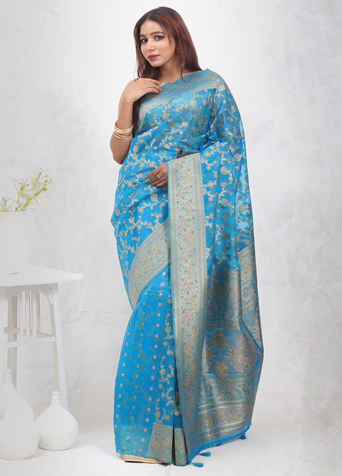 Blue Organza Saree With Blouse Piece