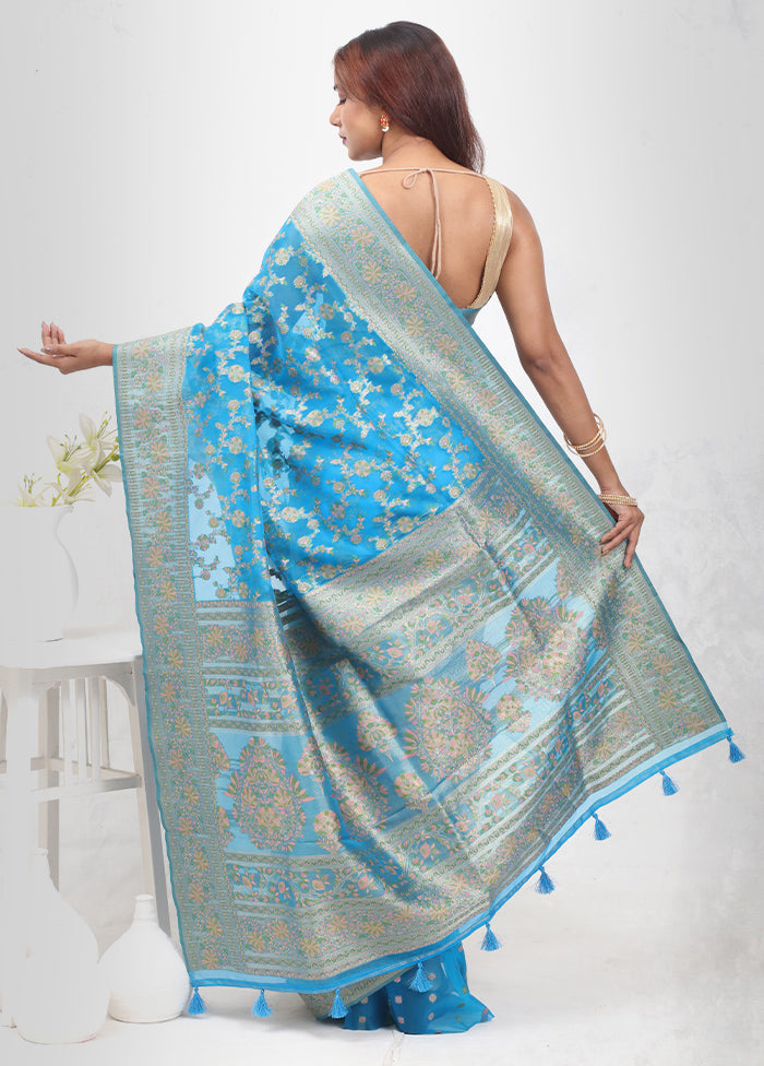 Blue Organza Saree With Blouse Piece