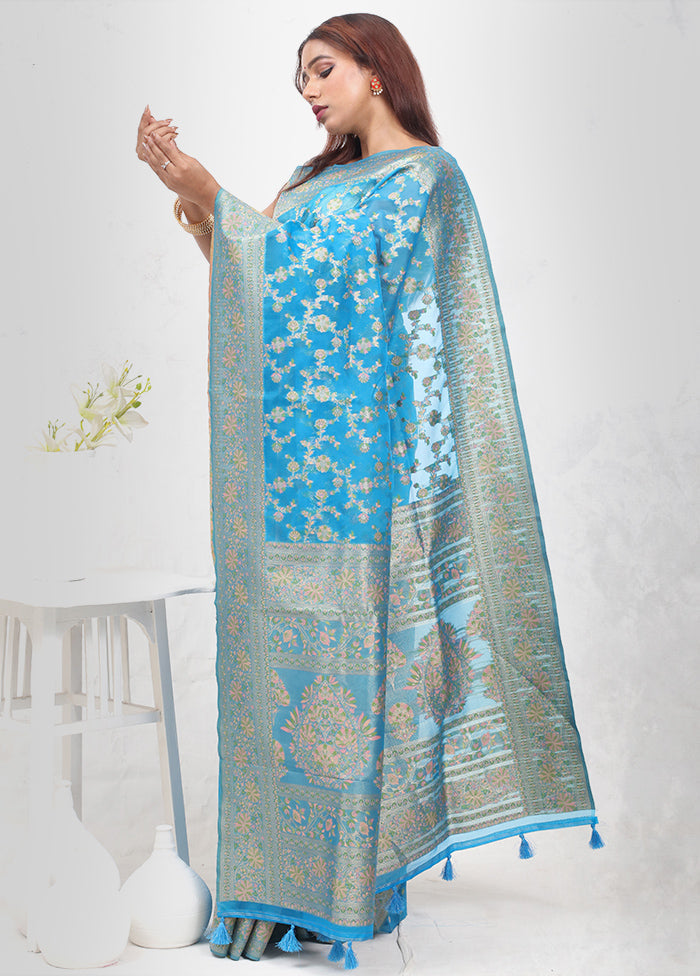Blue Organza Saree With Blouse Piece