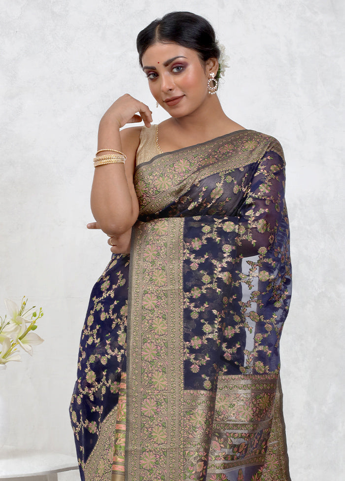 Blue Organza Saree With Blouse Piece