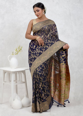 Blue Organza Saree With Blouse Piece