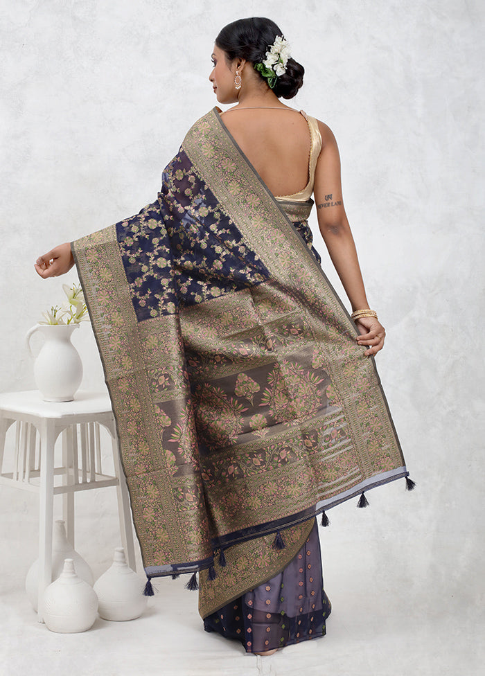 Blue Organza Saree With Blouse Piece