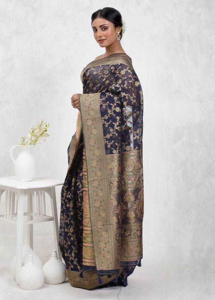 Blue Organza Saree With Blouse Piece