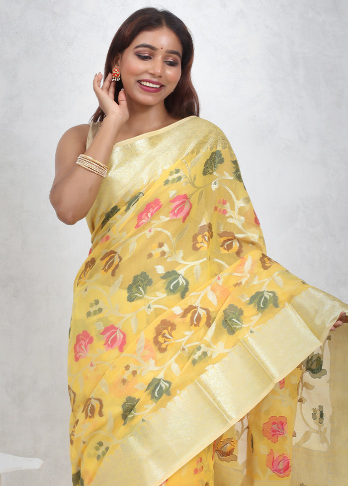 Yellow Kora Silk Saree With Blouse Piece