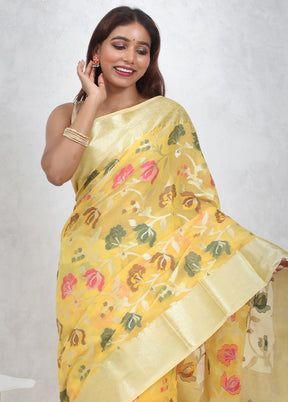 Yellow Kora Silk Saree With Blouse Piece