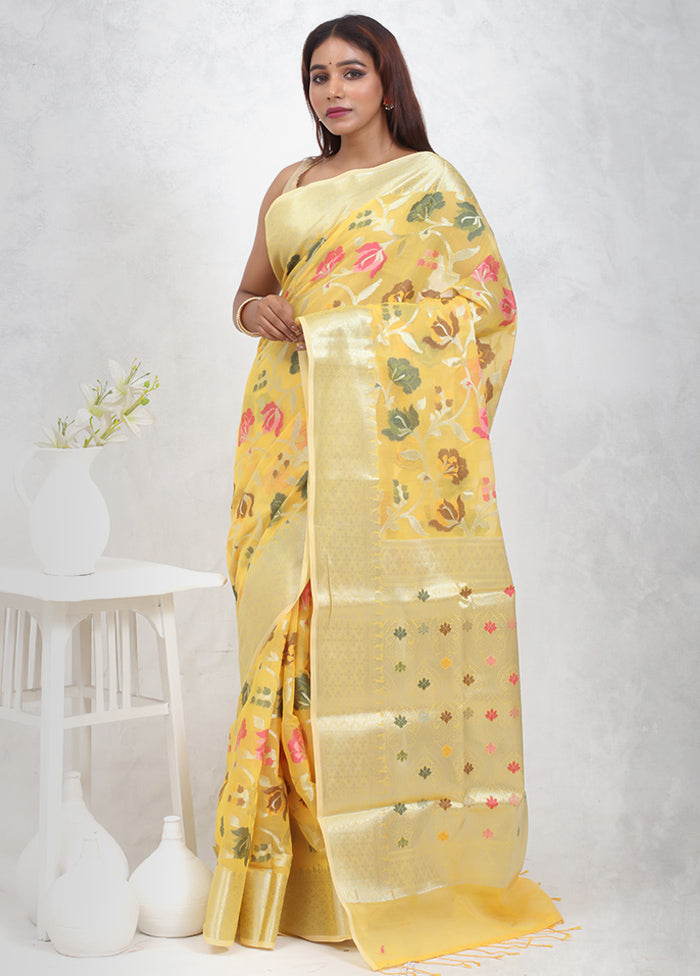 Yellow Kora Silk Saree With Blouse Piece