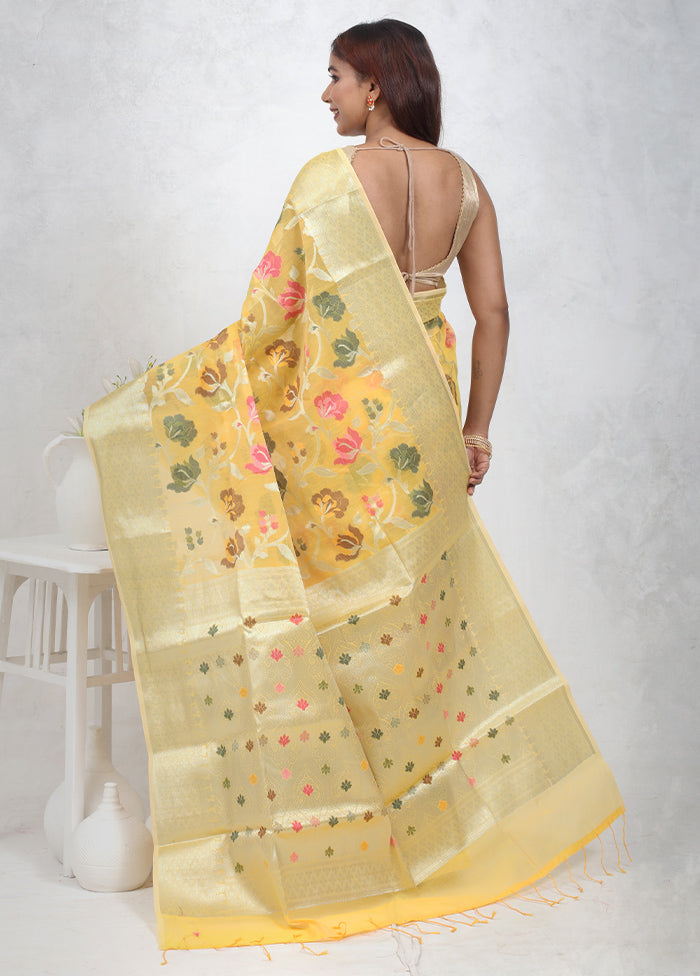 Yellow Kora Silk Saree With Blouse Piece