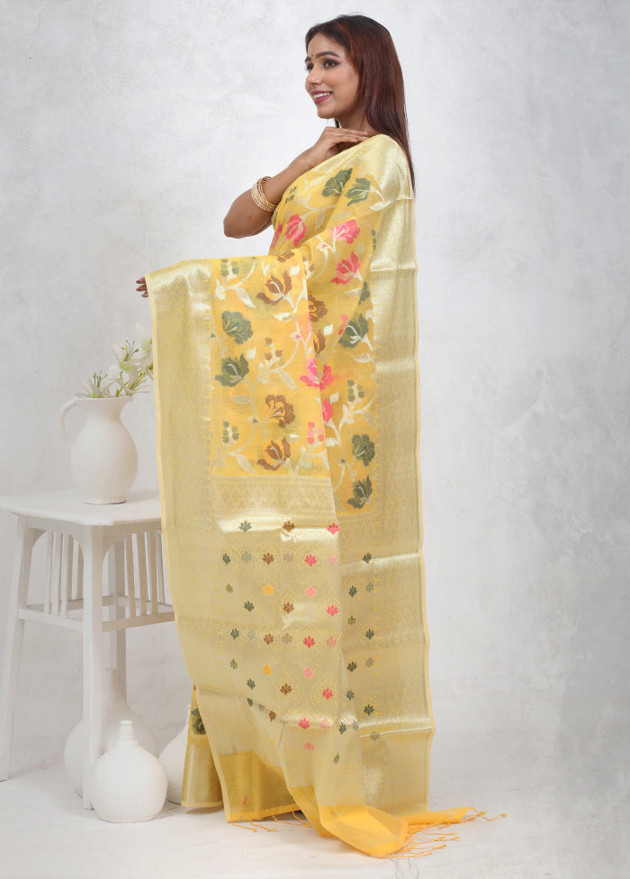 Yellow Kora Silk Saree With Blouse Piece