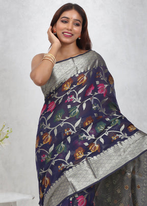 Blue Kora Silk Saree With Blouse Piece