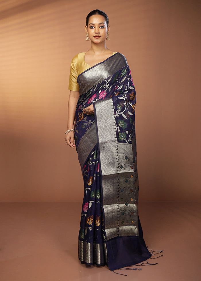 Blue Kora Silk Saree With Blouse Piece