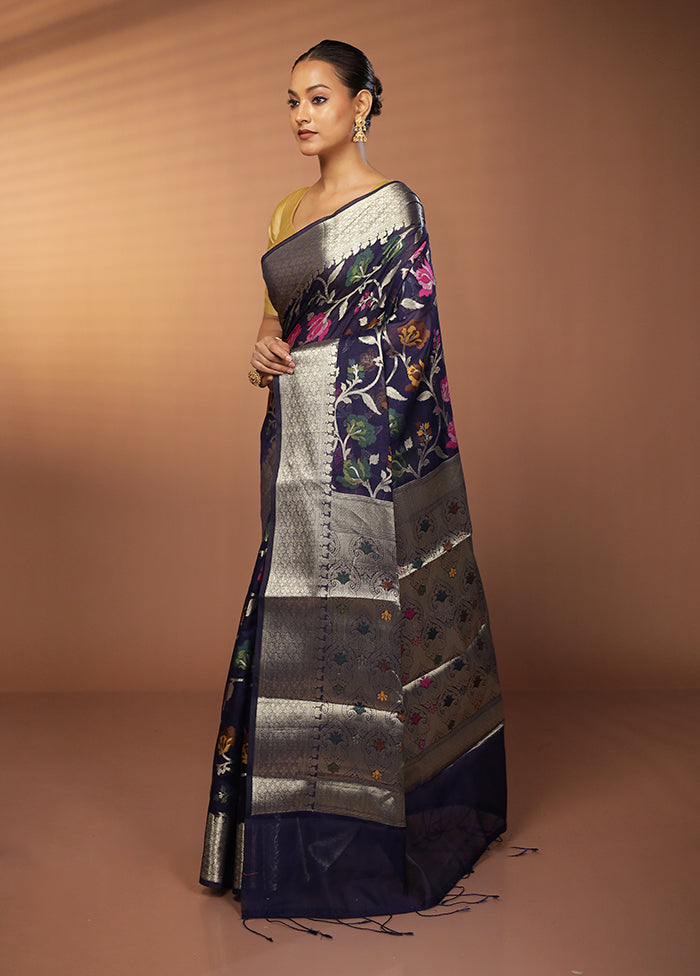 Blue Kora Silk Saree With Blouse Piece