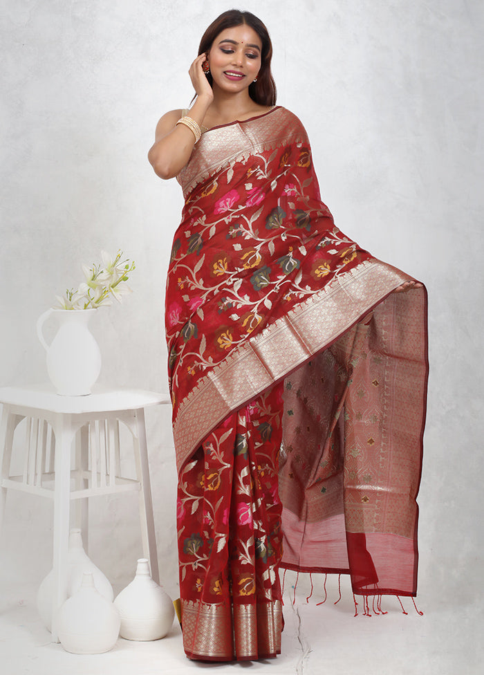 Maroon Kora Silk Saree With Blouse Piece