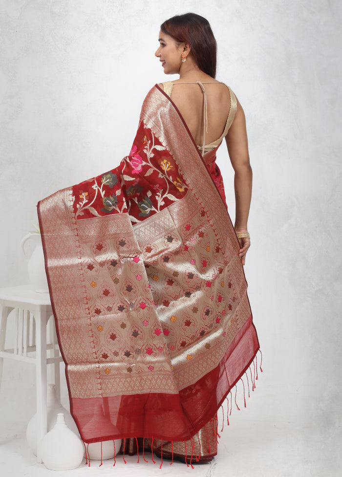 Maroon Kora Silk Saree With Blouse Piece