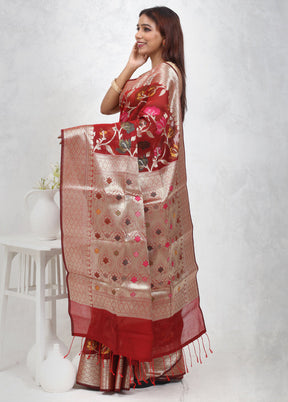 Maroon Kora Silk Saree With Blouse Piece