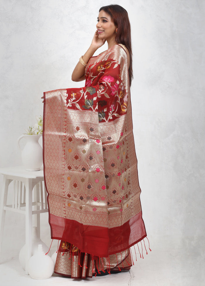 Maroon Kora Silk Saree With Blouse Piece